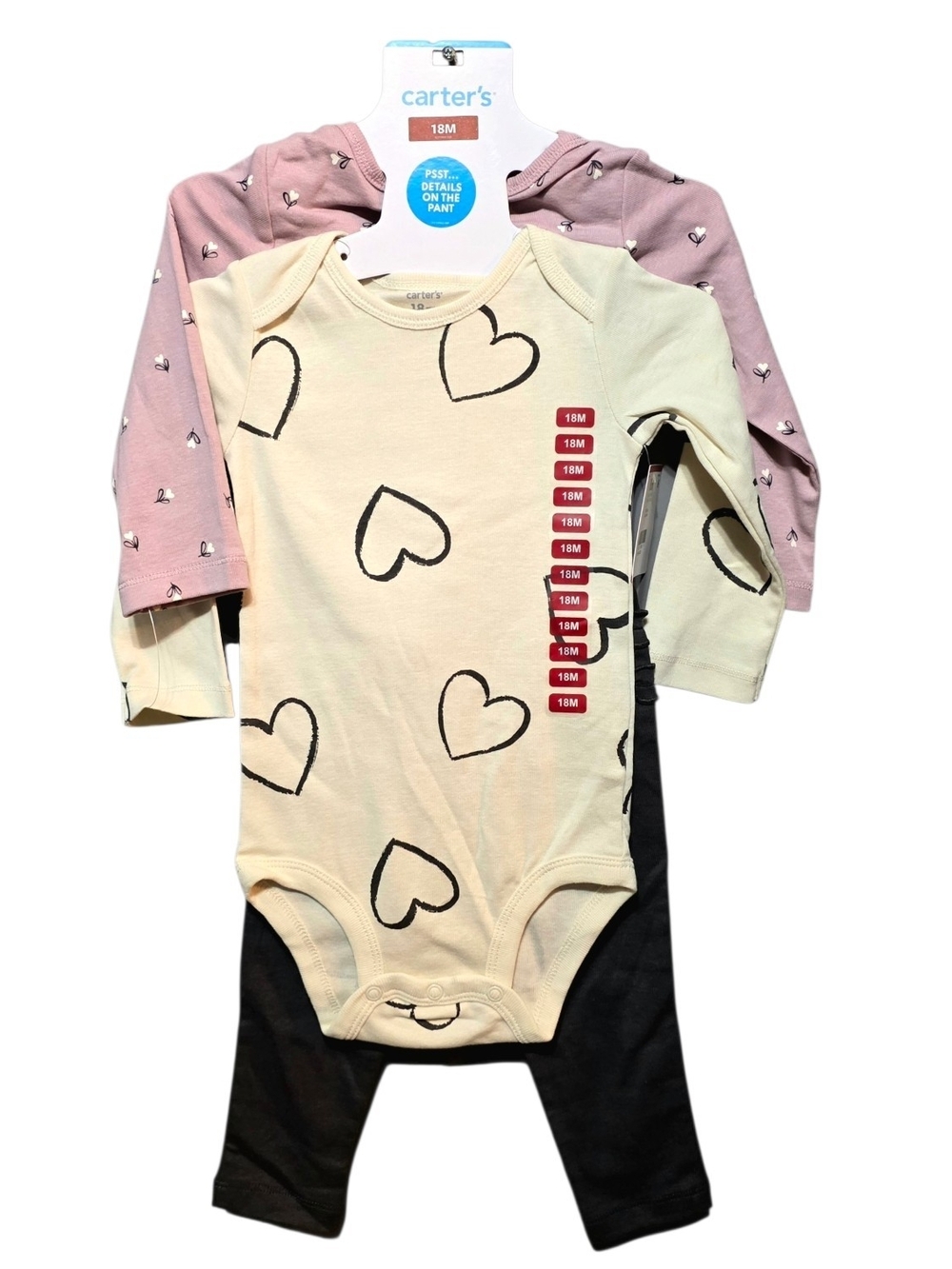 Carter's Cream & Pink Three-Piece Set 18 Months Ruffle Pants Hearts Flowers